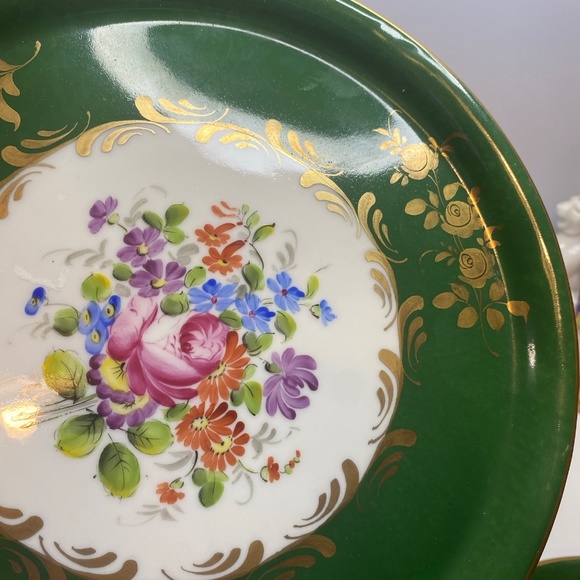 Two Vintage France Plates Hand Painted Floral Green & Gold Accents About 8” Wide - Picture 10 of 15